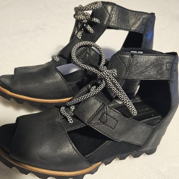 Sorel Joanie Wedge Sandals Size 9 Black Lace Up Leather - Picture 6 of 10